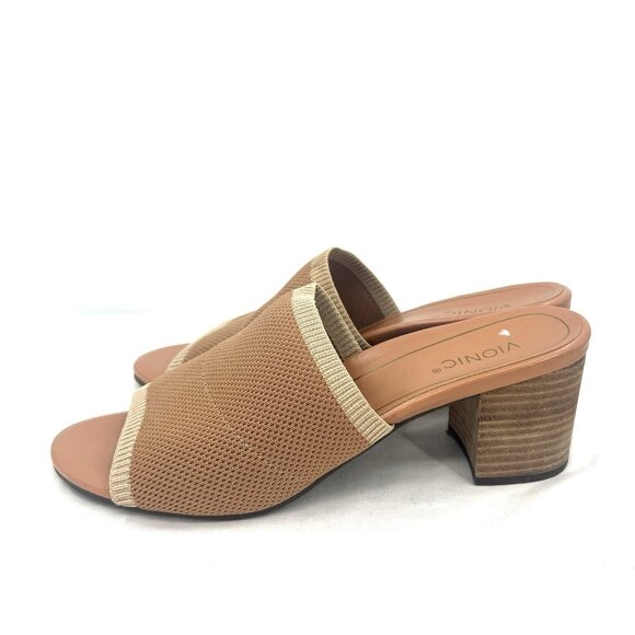 Vionic Fleur Heeled Slide Sandal Beige Fabric Women’s 9.5 - Picture 1 of 9